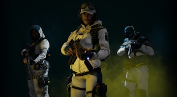 Screengrab from Extraction gameplay cinematic, showing three characters against black background wea...