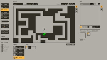 Screengrab of Playmate Pulp tool, showing a black and white pixel maze with a stick person at starti...