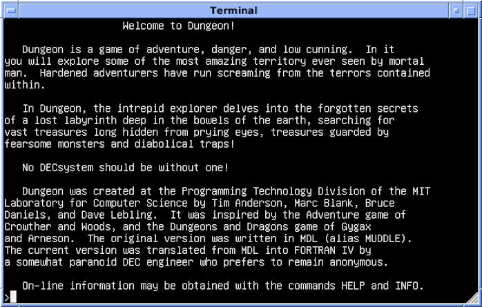 The beginning of Zork, in which the player finds an introductory leaflet in a mailbox.