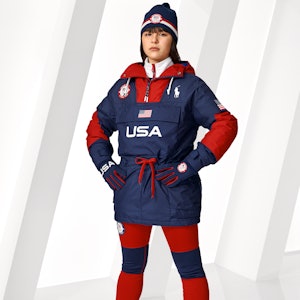 Alysa Liu wearing Ralph Lauren's 2022 Olympics' opening ceremony uniform. 