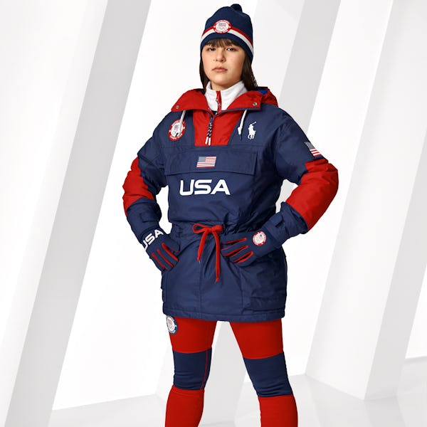 Alysa Liu wearing Ralph Lauren's 2022 Olympics' opening ceremony uniform. 