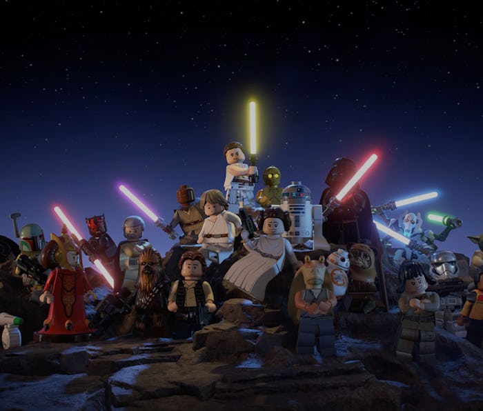 Image of Lego Star Wars characters posing together with light sabers and guns.