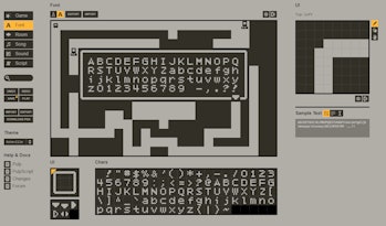 Screengrab of Font tool in Playdate Pulp tool, showing popup of alphabet on screen. Alphabet can be ...
