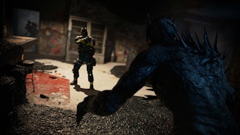 Image of R6 Extraction, showing large scaly monster looming before a character in military outfit wh...