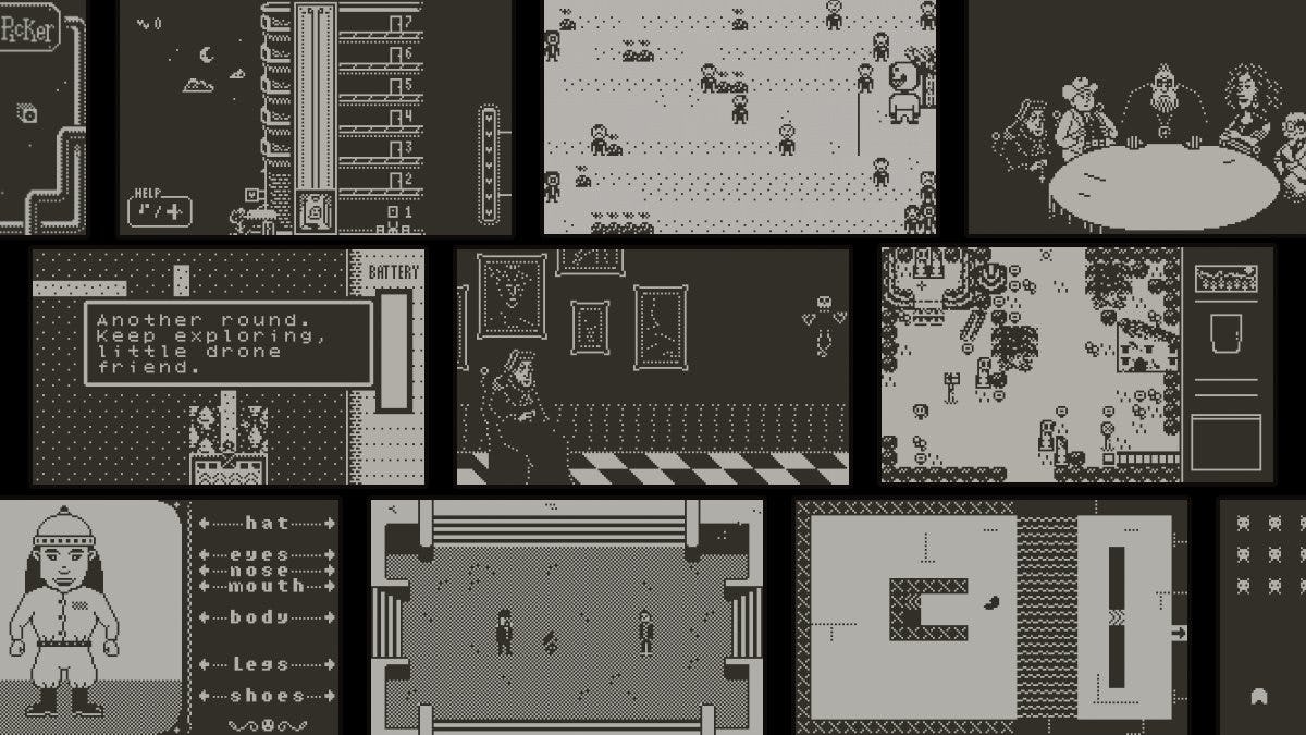 Image showing collage of many different Playdate game scenes next to each other. All are pixel-style...