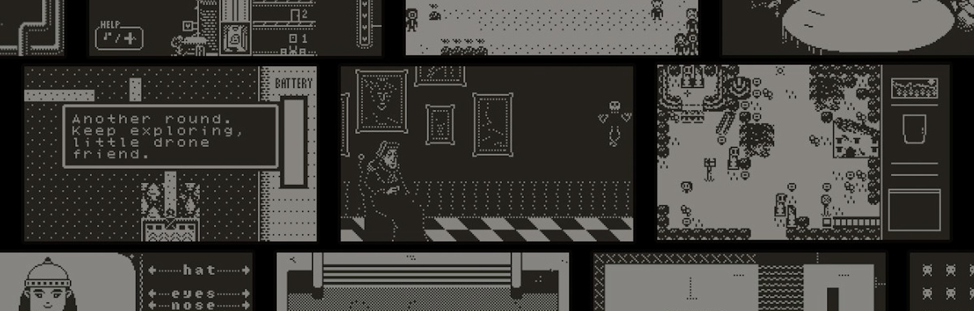 Image showing collage of many different Playdate game scenes next to each other. All are pixel-style...