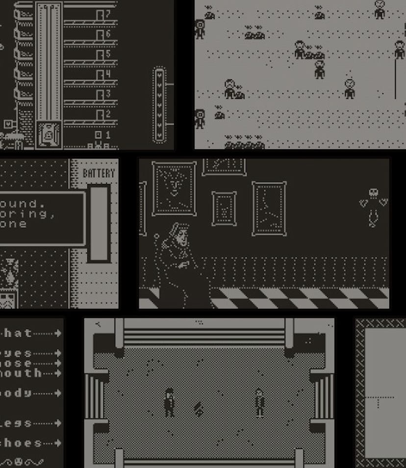 Image showing collage of many different Playdate game scenes next to each other. All are pixel-style...