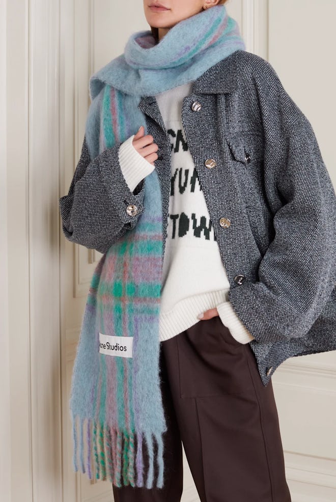 Acne Studios Fringed Checked Knitted Scarf