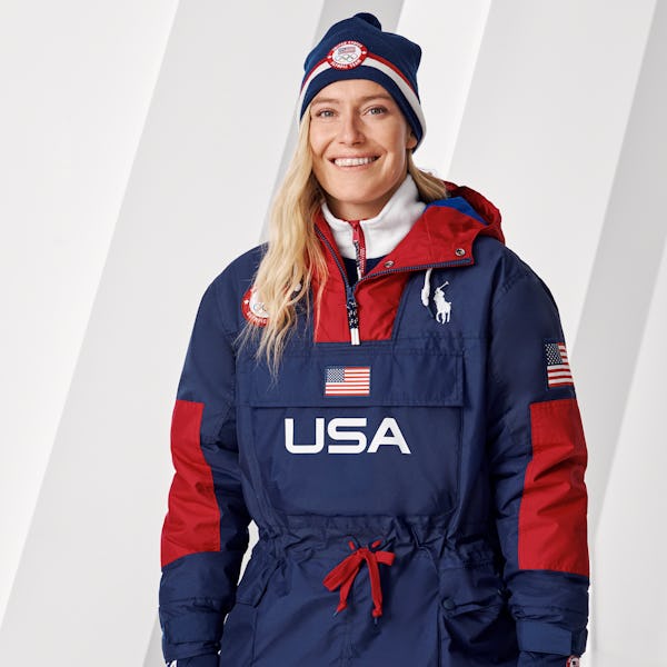 Jamie Anderson wearing Ralph Lauren's 2022 Olympics' opening ceremony uniform. 