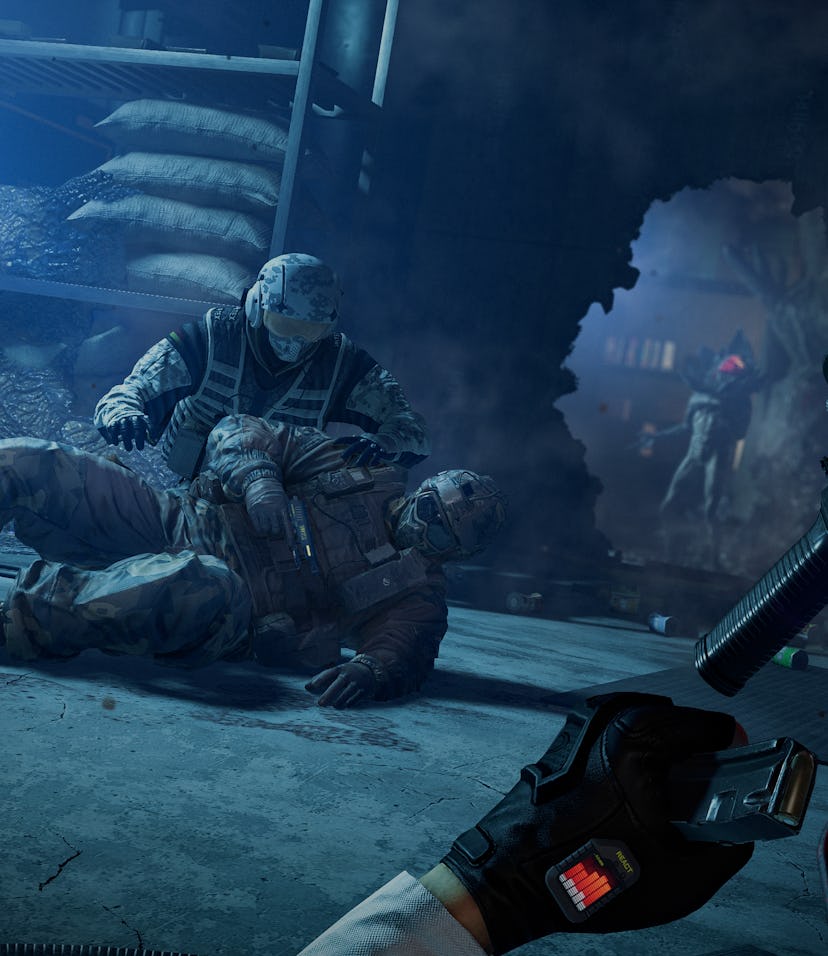 R6 Extraction image showing first-person POV holding red and black gun while two teammates lie on th...