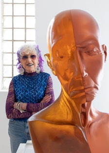 Judy Chicago, with her sculpture "Grand Toby Head With Copper Eye," 2010 at Nina Johnson Gallery in ...