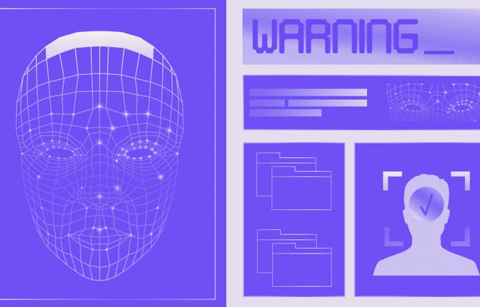 A collage of a face recognition scan, folder logos and a warning