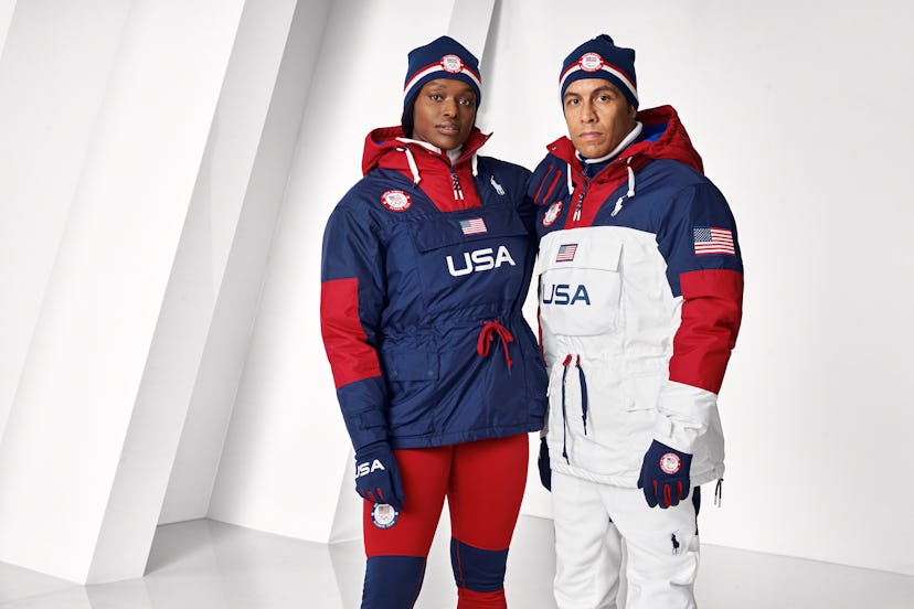 Athletes Aja Evans and Rico Roman wearing Ralph Lauren's 2022 Olympics' opening ceremony uniforms. 