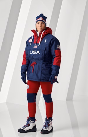 Hilary Knight wearing Ralph Lauren's 2022 Olympic Games Opening Ceremony uniform. 