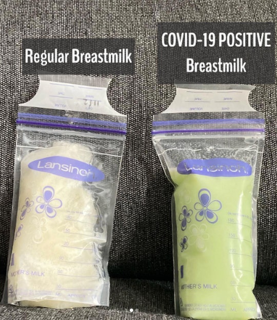 Two storage bags of breast milk, one cream colored, one green.
