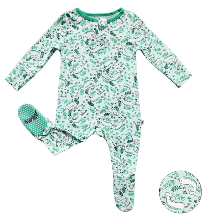 Image of Free Birdees Footed Pajamas for toddlers with a sea-green print.