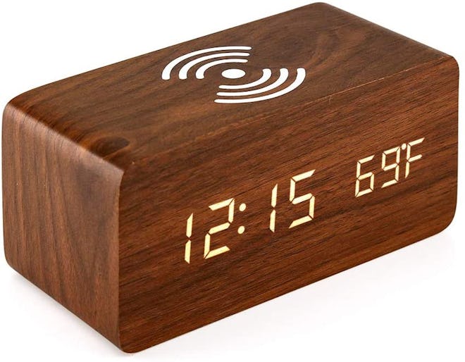 Oct17 Wooden Alarm Clock with Wireless Charging Pad