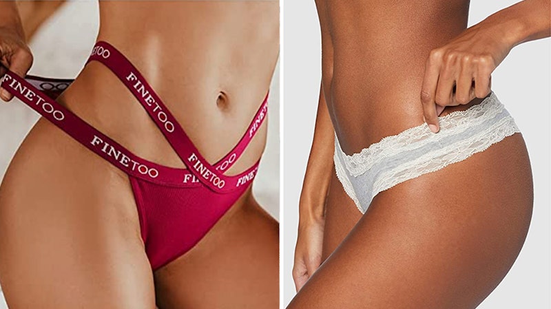 The FINETOO Cross Strap Cotton Thong in maroon and the GNEPH Cotton And Lace Hipster Underwear in gr...