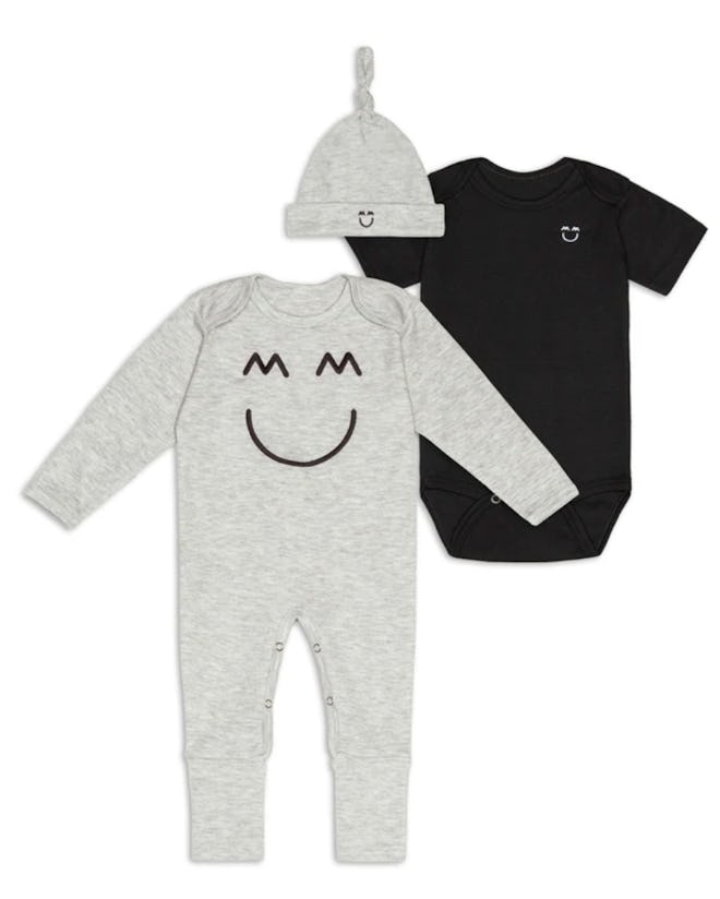Image of Miles and Milan trio of baby footed romper, bodysuit and hat.