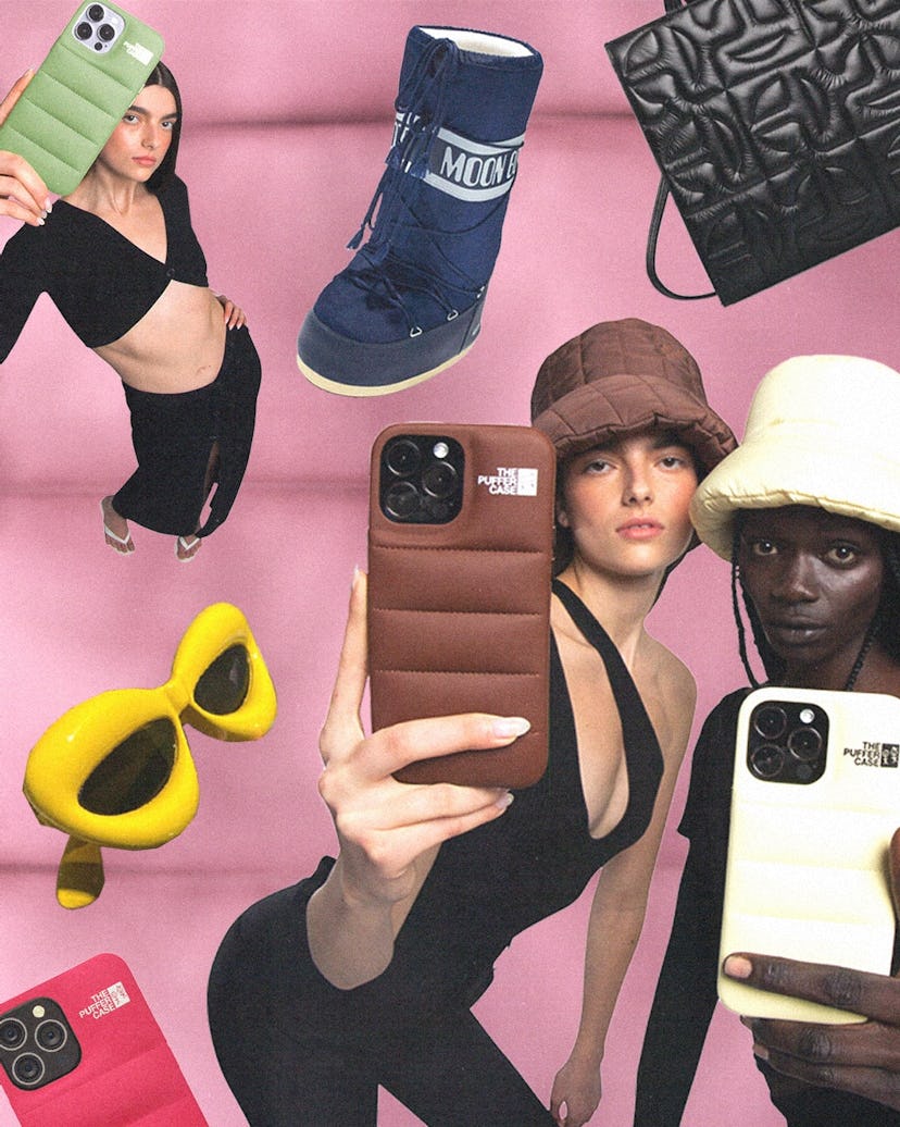 A collage of models holding phones with puffer cases