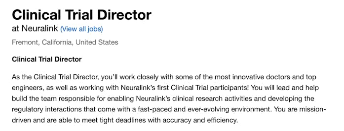 A screenshot of Neuralink's job posting for Clinical Trial Director.