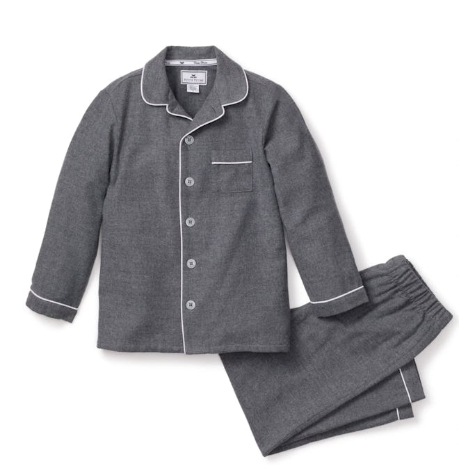 Image of gray flannel two-piece pajama set, with button-front top and pants. 