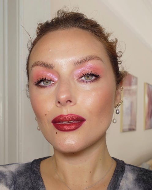 makeup look with blush and bright red lip