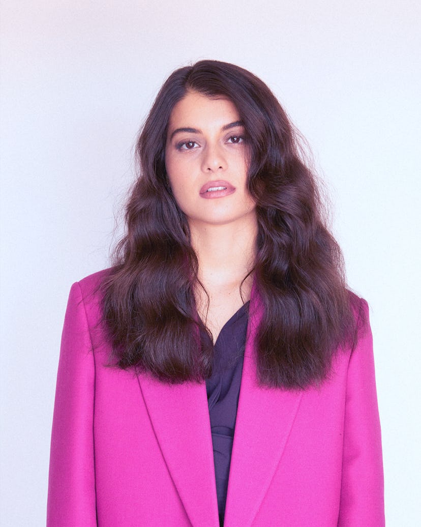 sofia black d'elia wearing an oversized pink blazer