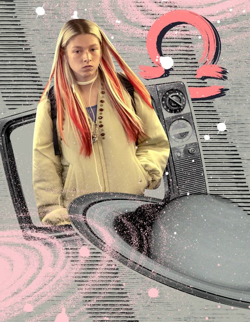 A collage of Jules from Euphoria and an old television next to a libra sign