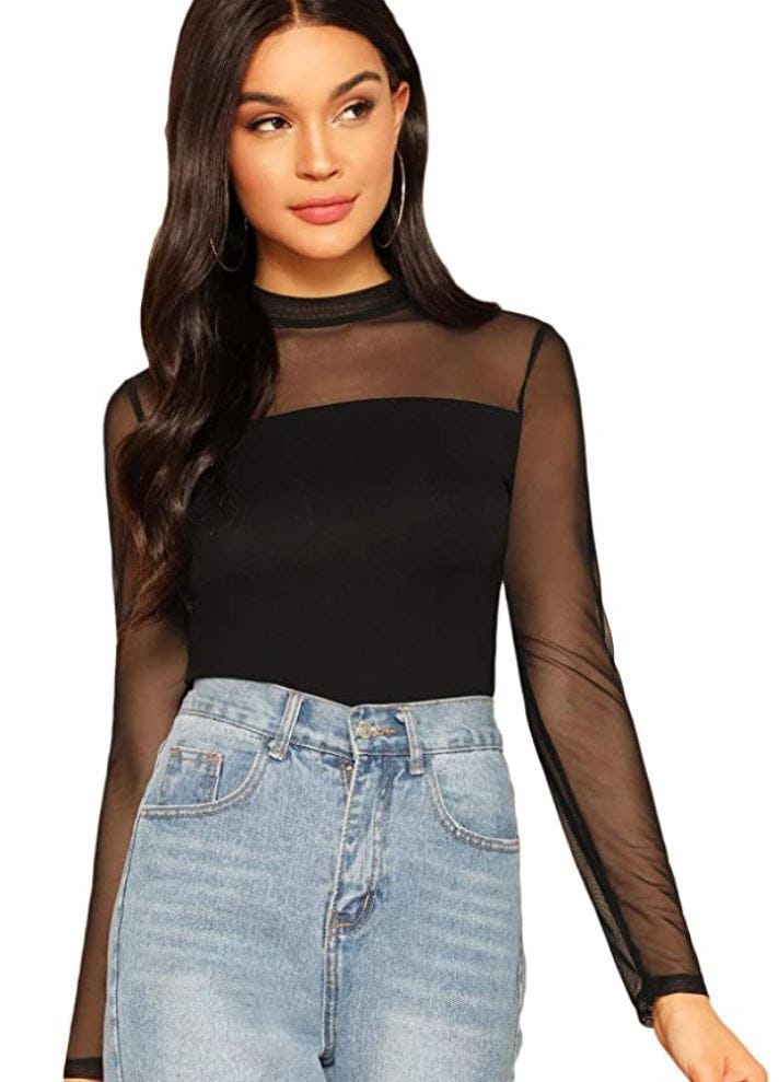 SweatyRocks Mock Neck Long Sleeve Mesh Top