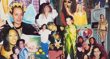 Teen magazine cut-outs show the ’90s pop culture icons like Kate Moss, Courtney Love, Tupac, Spice G...