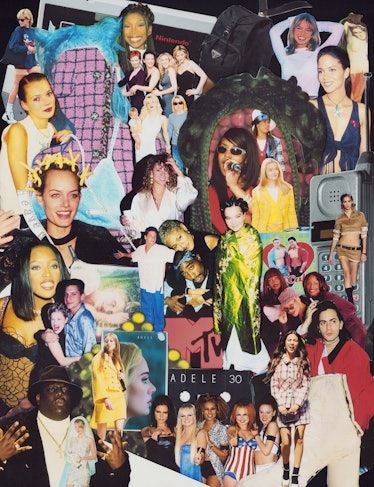 Teen magazine cut-outs show the ’90s pop culture icons like Kate Moss, Courtney Love, Tupac, Spice G...