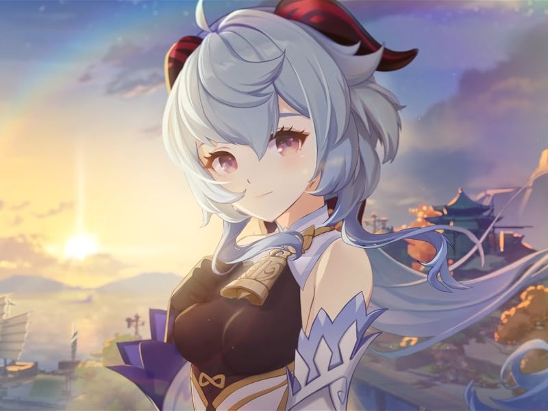 Genshin Impact Ganyu with Liyue Harbor in the background.