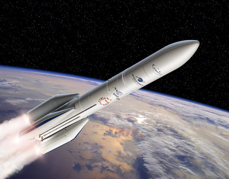 A digital illustration of a rocket ascending from Earth into space, featuring prominent boosters and...