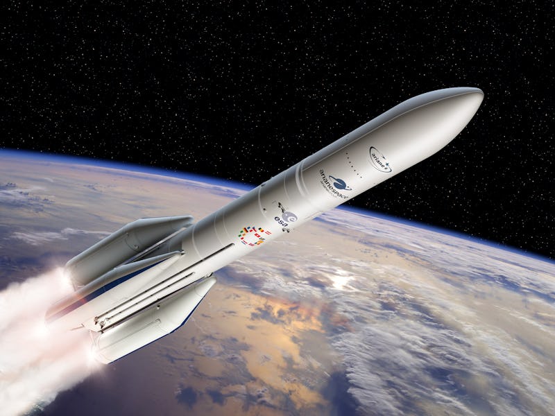 A digital illustration of a rocket ascending from Earth into space, featuring prominent boosters and...
