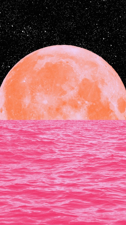 An orange moon rising behind a pink sea amid Venus retrograde 2022 ending on Jan. 29.
