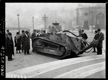 A photo of an army tank in Paris in October 1918.