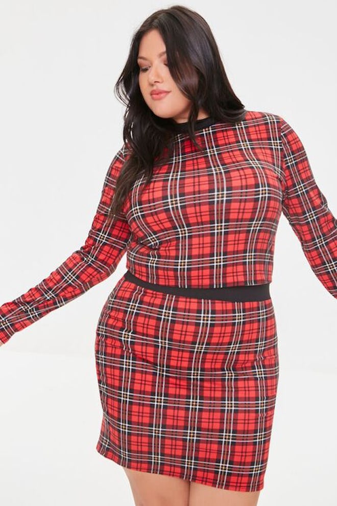 Plus Size Plaid Top & Mini Skirt Set