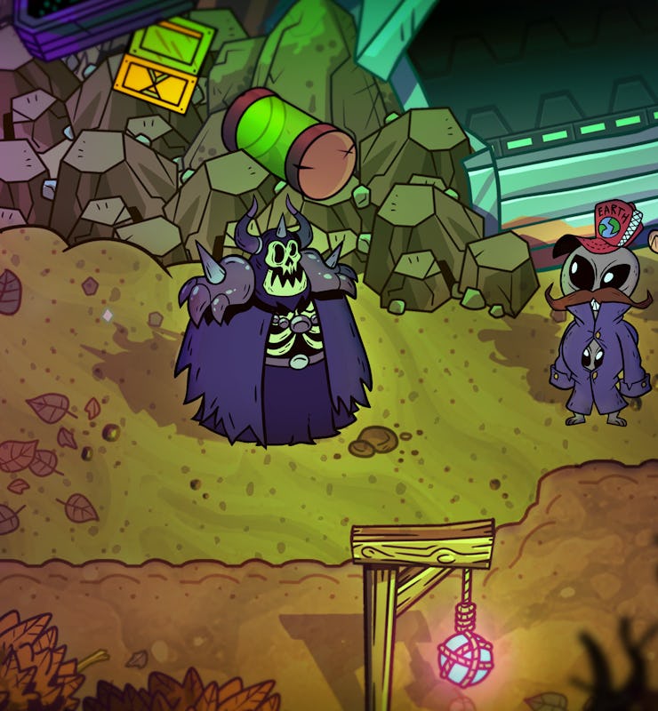 Screenshot from the Xbox RPG "Nobody Saves A World" game showing gameplay and three characters talki...