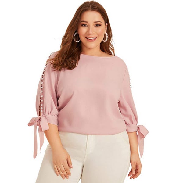 Romwe Pearl Beaded Tie Cuff Blouse