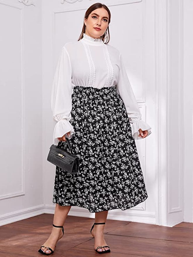 Floerns Plus Size Floral Flared Midi Skirt