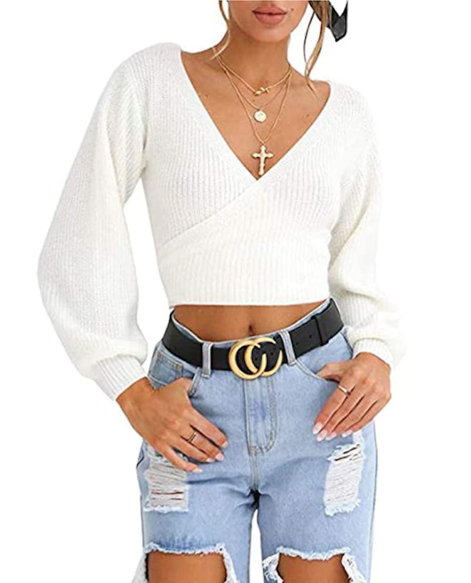 LOMON Deep-V Cross-Wrap Sweater