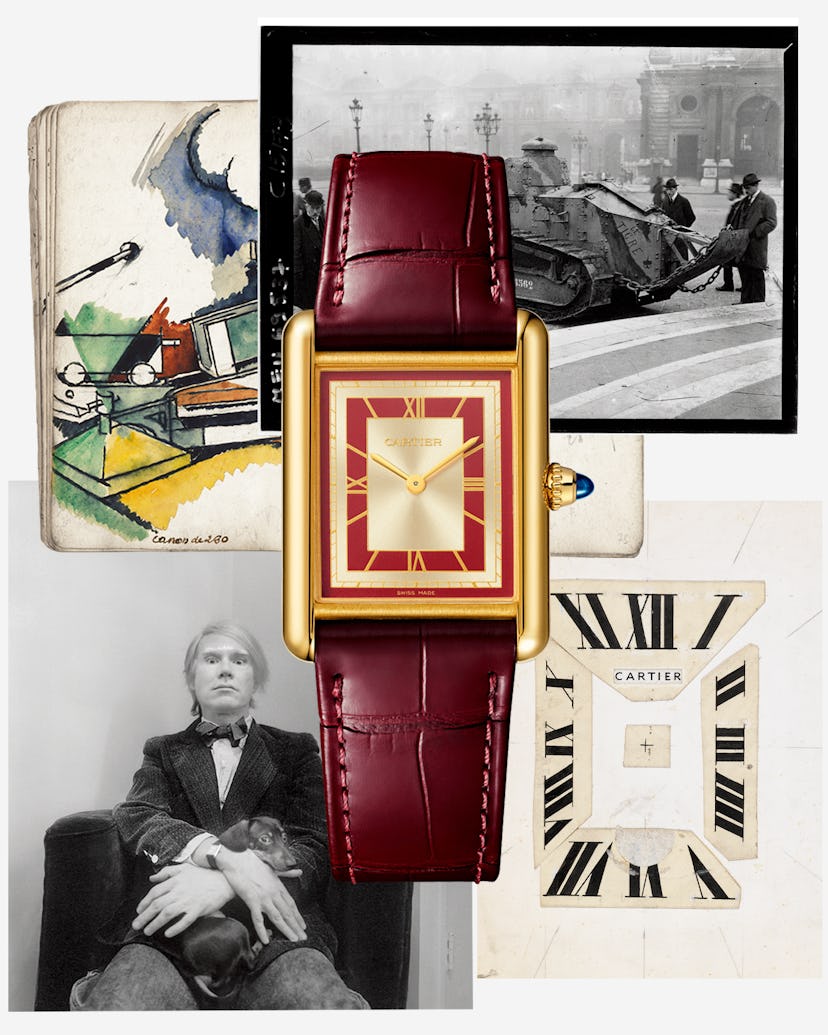 A collage featuring the Cartier Tank watch.