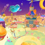 Image of Fall Guys game, showing a colorful obstacle course that resembles a circus carousel.