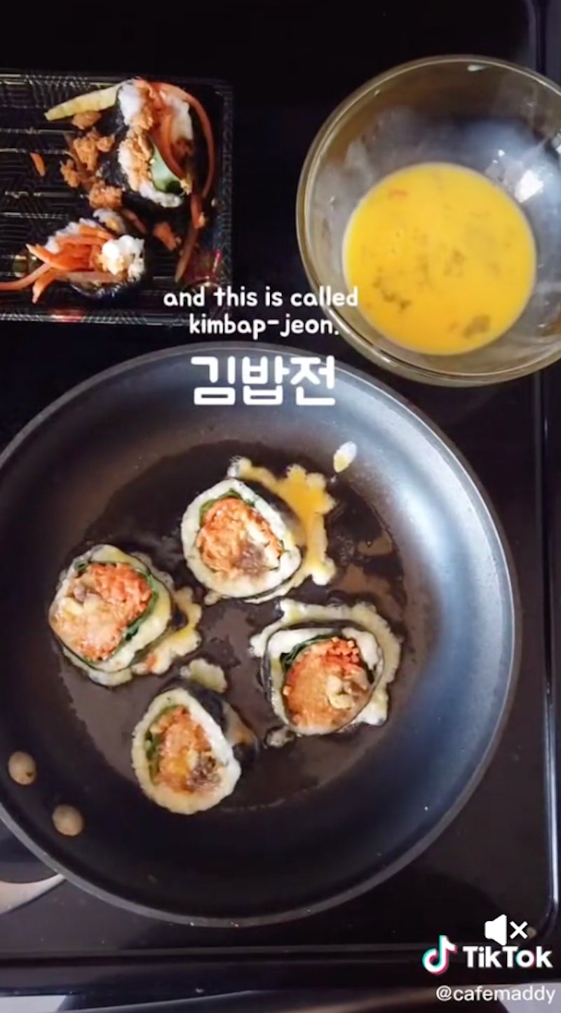 A screenshot of a TikTok showing how to make kimbap-jeon, a recipe for leftovers.
