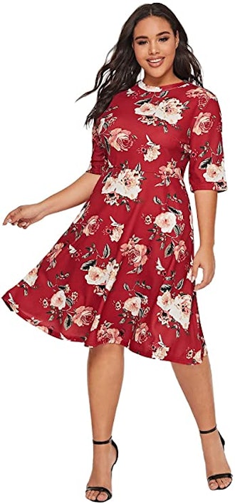 Romwe Plus Size Floral Print Midi Dress