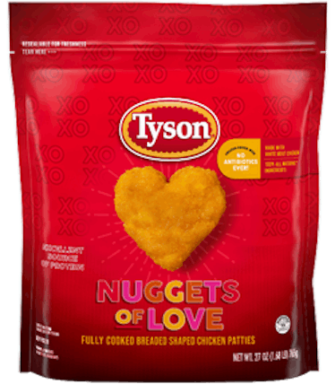 You can buy Tyson's chicken Nuggets of Love in stores for Valentine's Day 2022.