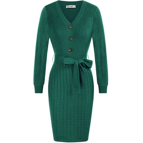 GRACE KARIN V-Neck Belted Sweater Dress