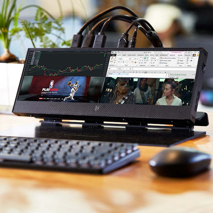 Lukos 14-inch ultrawide monitor playing four screens at once.
