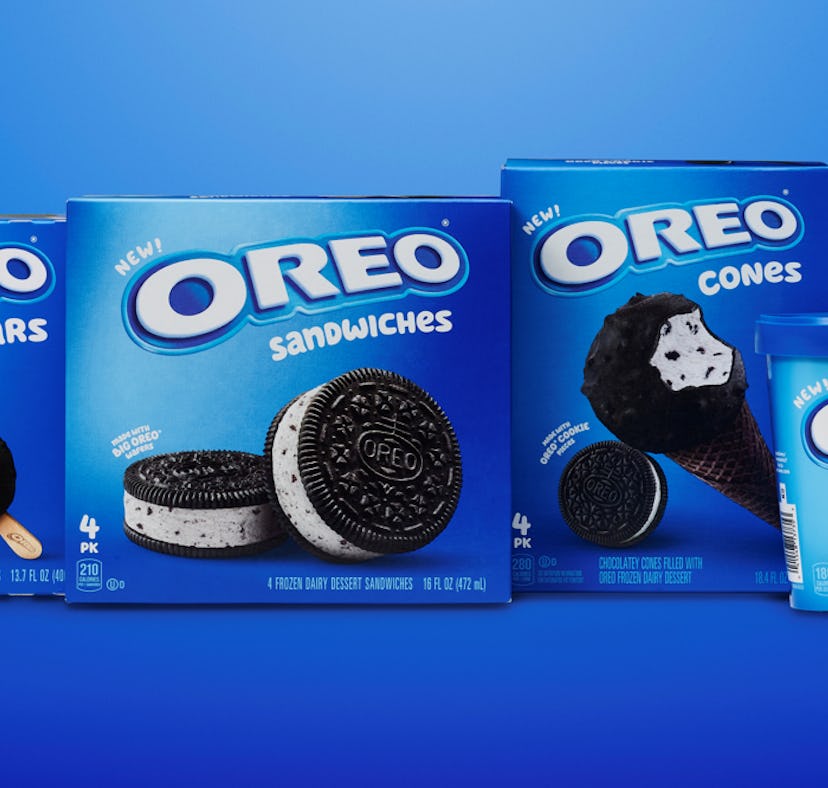 Oreo's debut frozen ice cream treats include bars, cones, sandwiches, & tubs.